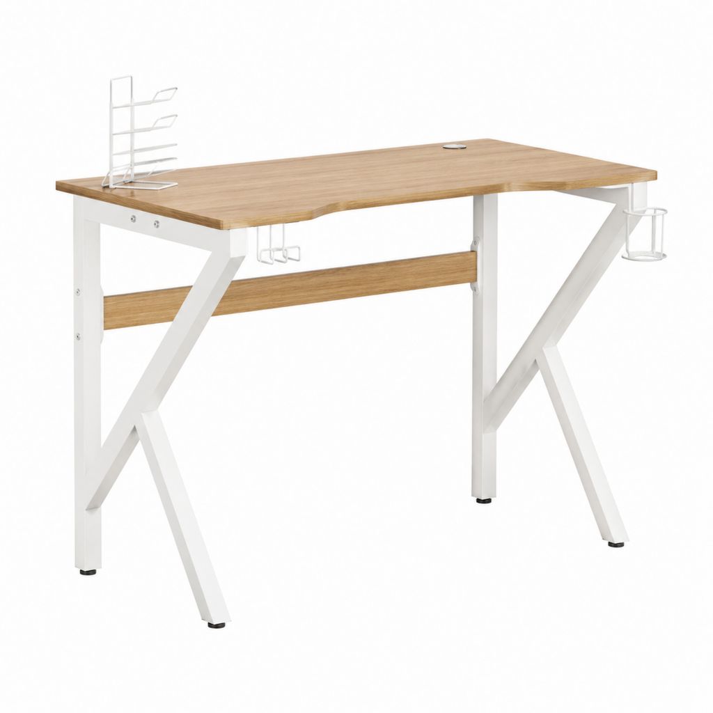 Schreibtisch mit Bambusplatte weißem Stahlgestell und Zubehör 120 x 60 x 75 cm