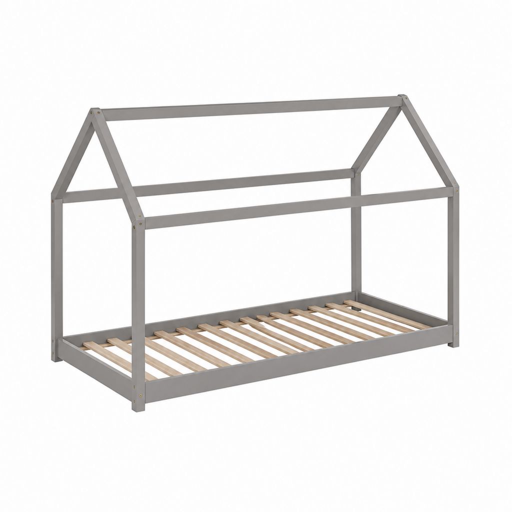 Kinderhausbett mit Lattenrost Grau Kiefer Massivholz Hausform 90 x 200 cm
