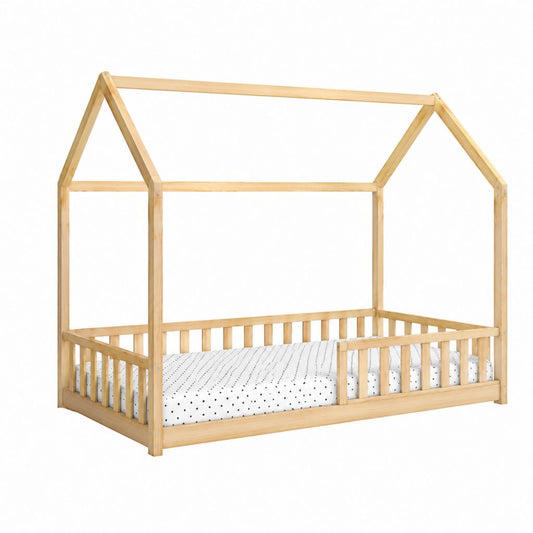 Kinderhausbett Natur Massives Kiefernholz Rechteckig 90 x 200 cm