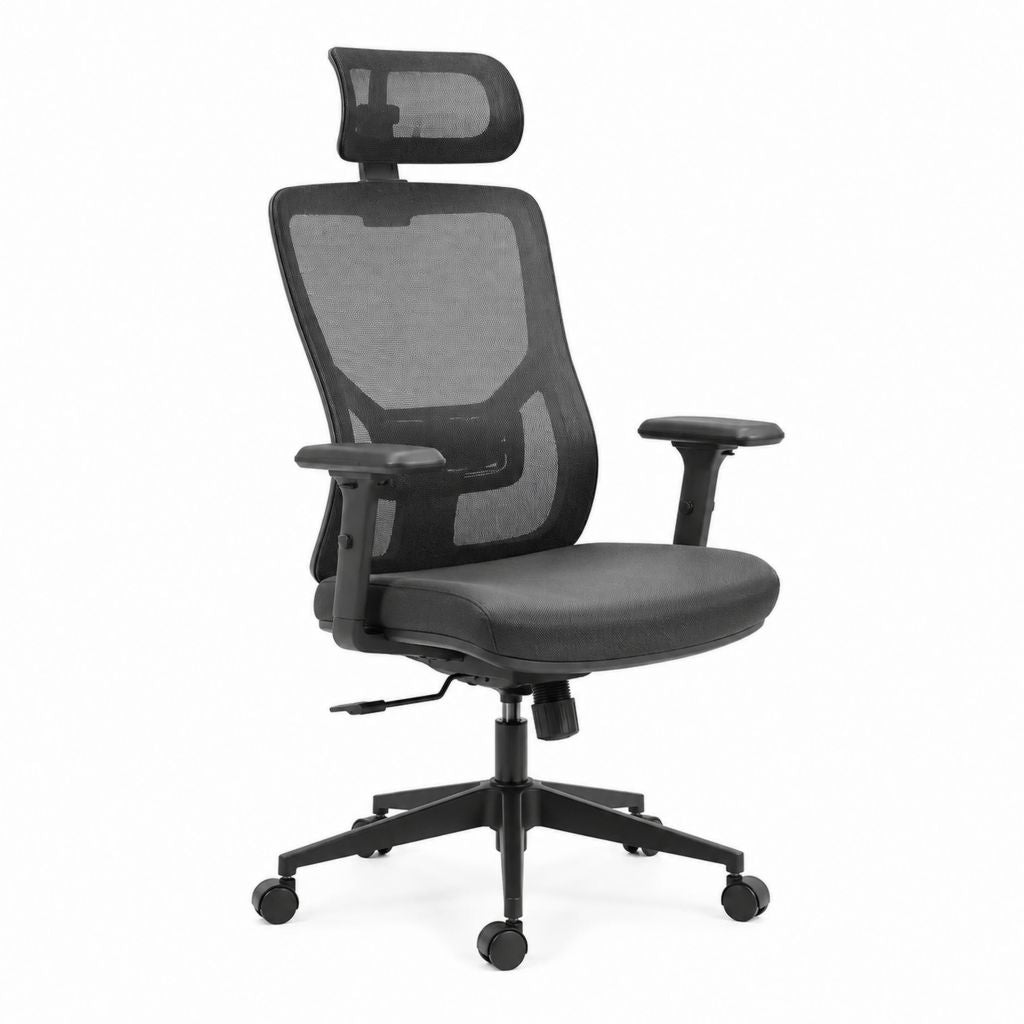 Ergonomischer Bürodrehstuhl Schwarz mit Netzrücken Polyesterbezug und Kopfstütze 64 x 64 x 118-128 cm
