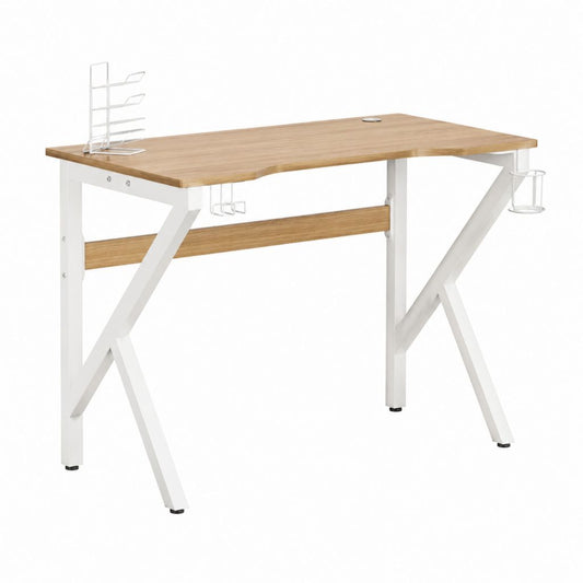 Schreibtisch mit Bambusplatte weißem Stahlgestell und Zubehör 120 x 60 x 75 cm