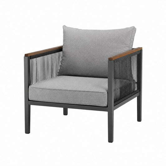 Gartenloungesessel Grau mit Aluminiumgestell Polyesterkordel und Akazienholz 75 x 72 x 75 cm