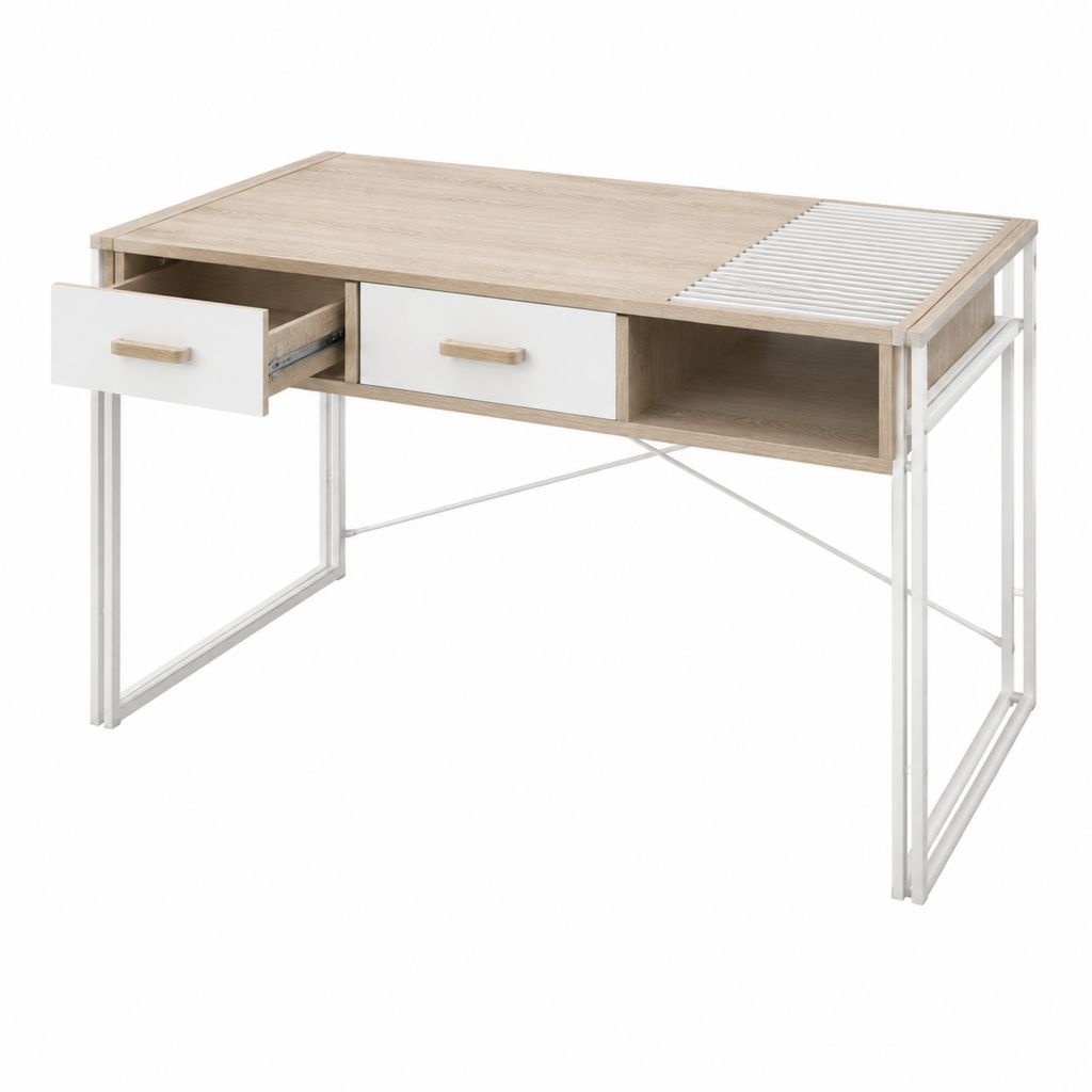 Schreibtisch mit 2 Schubladen Eichenoptik Weiß MDF Stahl rechteckig 120 x 60 x 75 cm