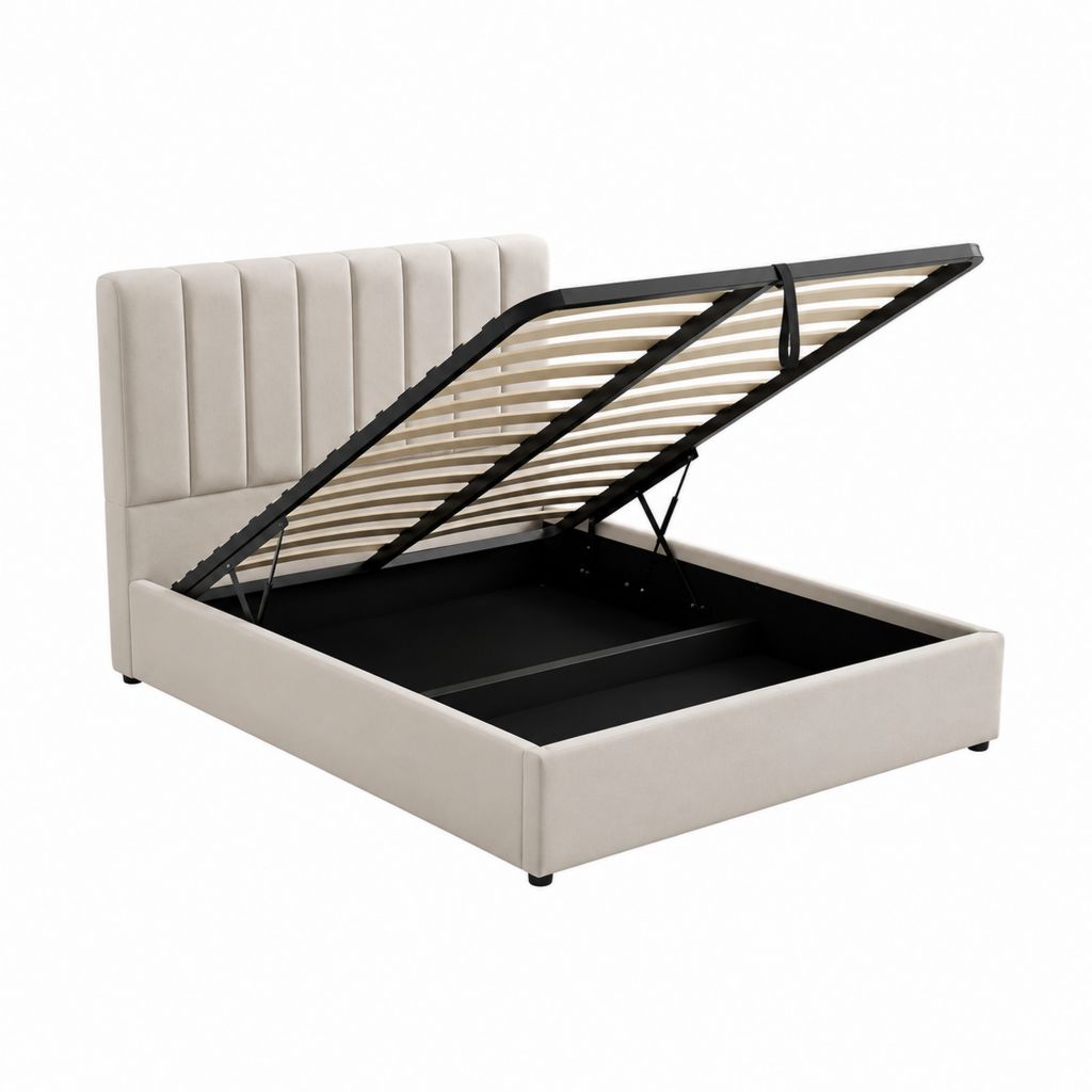 Stauraumbett Beige Samtoptik mit Lattenrost und Gasdruckfedern 160 x 200 cm