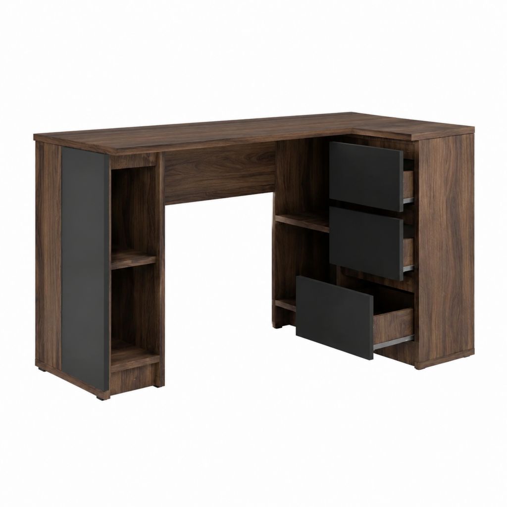Schreibtisch mit 3 Schubladen und Regalfächern dunkelbraun schwarz Spanplatte rechteckig 120 x 60 x 75 cm