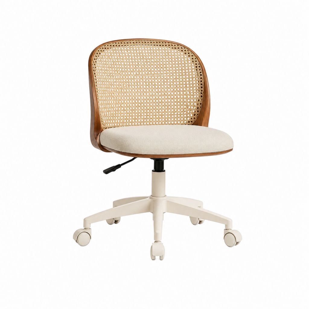Bürodrehstuhl Beige Walnussbraunes Sperrholz Peddigrohr Rückenlehne 60 x 60 x 82-92 cm