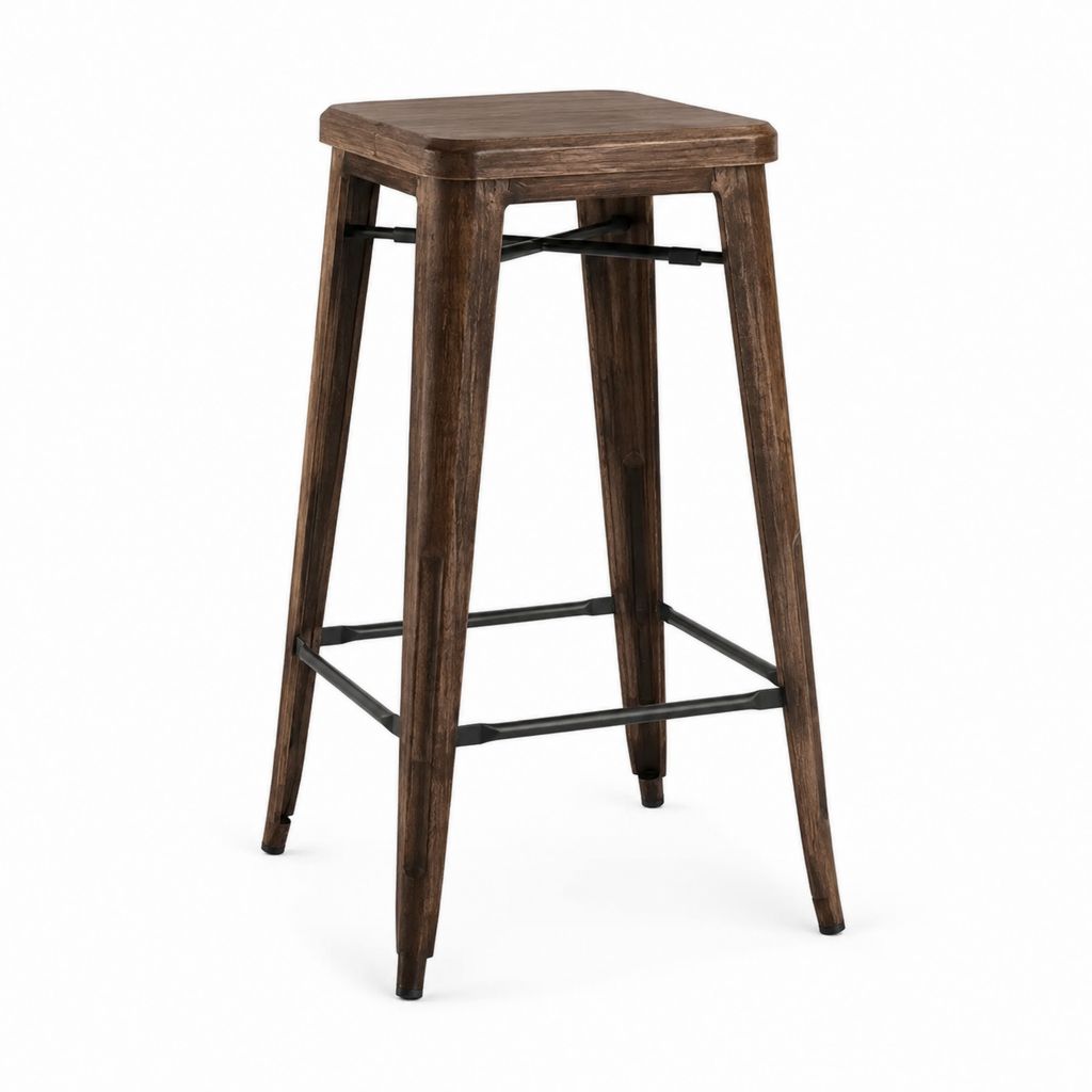 Barhocker Braun aus Massivholz mit Stahl-Fußstütze quadratisch 42 x 42 x 76 cm