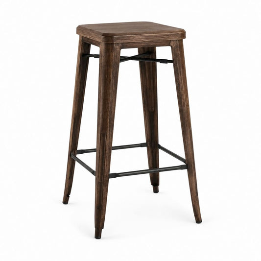 Barhocker Braun aus Massivholz mit Stahl-Fußstütze quadratisch 42 x 42 x 76 cm