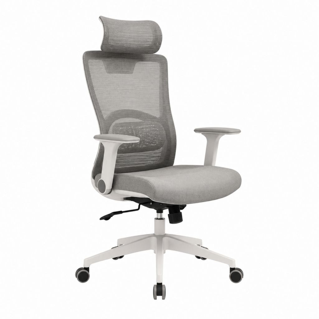 Ergonomischer Bürostuhl Grau mit Polyester-Netzrücken Kunststoffgestell Kopfstütze 64 x 64 x 116-126 cm