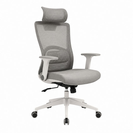 Ergonomischer Bürostuhl Grau mit Polyester-Netzrücken Kunststoffgestell Kopfstütze 64 x 64 x 116-126 cm